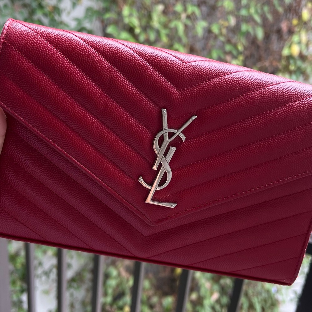 Saint Laurent Red Quilted Chevron Envelope Clutch with Silver YSL Emblem